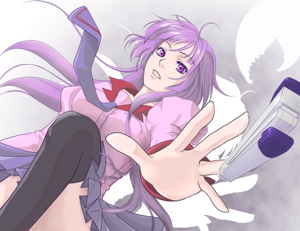 Anime picture 1417x1093 with bakemonogatari shaft (studio) monogatari (series) senjougahara hitagi single long hair open mouth simple background purple eyes purple hair girl thighhighs skirt uniform black thighhighs school uniform shirt necktie stapler