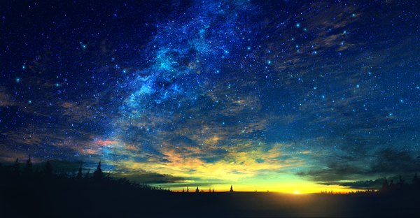 Anime picture 1800x936 with original mks highres wide image cloud (clouds) night night sky evening sunset no people landscape scenic milky way plant (plants) tree (trees) star (stars)