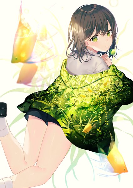 Anime picture 706x1000 with original achiki single tall image looking at viewer blush fringe short hair hair between eyes brown hair green eyes bent knee (knees) off shoulder depth of field girl animal socks food shorts sweets