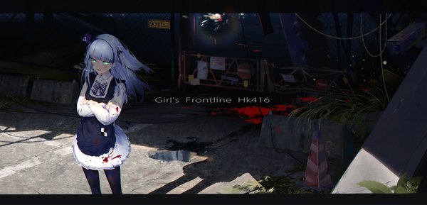 イラスト 4000x1929 と ドールズフロントライン hk416 (girls frontline) 一朵烧麦 ソロ 長髪 highres wide image 立つ 緑の目 青い髪 影 copyright name character names ワンサイドアップ glowing watermark letterboxed crossed arms glowing eye (eyes) smoking