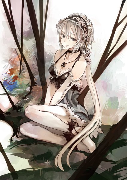 Anime picture 1735x2455 with original ricci single tall image looking at viewer highres smile sitting cleavage silver hair very long hair silver eyes girl dress gloves elbow gloves pendant collar short dress