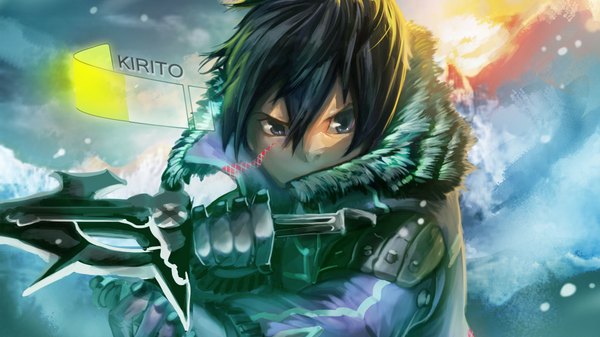 Anime picture 1920x1080 with sword art online a-1 pictures kirigaya kazuto single highres short hair blue eyes black hair wide image boy weapon sword jacket