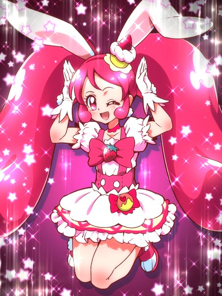 Anime picture 600x800 with precure kirakira precure a la mode toei animation usami ichika cure whip tj-type1 single tall image open mouth twintails animal ears pink hair full body very long hair one eye closed pink eyes wink sparkle bunny ears jumping