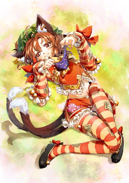 Anime picture 1200x1700 with touhou chen im (badmasa) single tall image short hair smile red eyes brown hair animal ears animal tail cat ears cat girl cat tail multiple tails girl thighhighs navel striped thighhighs bonnet