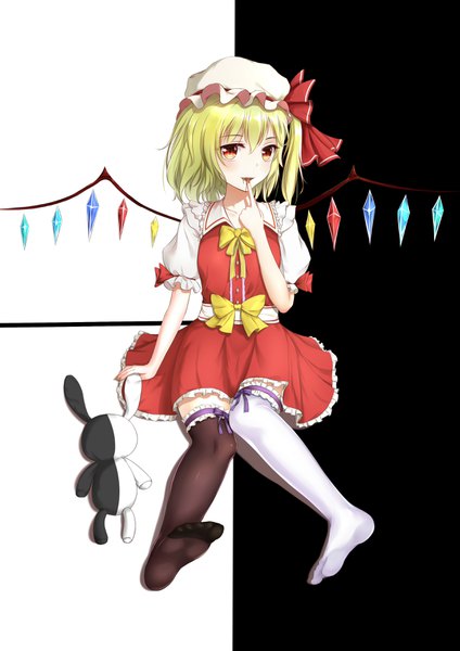 Anime picture 2480x3507 with touhou flandre scarlet flan (seeyouflan) single tall image looking at viewer highres short hair blonde hair red eyes white background sitting fang (fangs) no shoes zettai ryouiki puffy sleeves one side up finger to mouth black background slit pupils