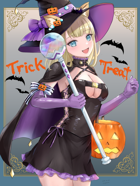 Anime-Bild 1500x2000 mit original mugitoro (dsfv2277) single long hair tall image looking at viewer breasts open mouth blue eyes light erotic blonde hair large breasts animal ears cleavage :d border halloween outside border trick or treat girl