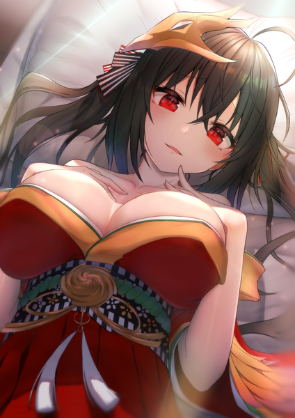 Anime picture 1000x1414 with azur lane taihou (azur lane) west (vaem5527) single long hair tall image looking at viewer blush fringe breasts open mouth light erotic black hair hair between eyes red eyes large breasts twintails payot ahoge lying