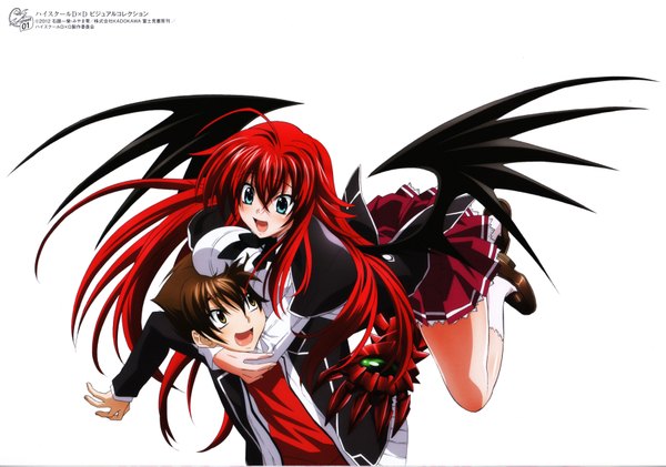 Anime picture 6875x4831 with highschool dxd rias gremory hyoudou issei miyama zero mishima hiroji long hair blush highres short hair open mouth blue eyes simple background brown hair white background brown eyes absurdres red hair scan official art hug