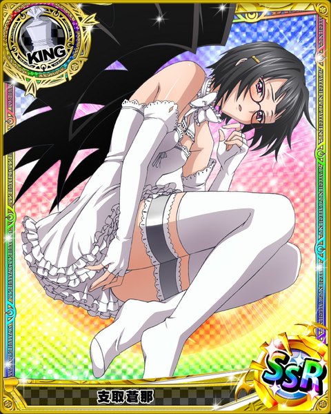 Anime picture 640x800 with highschool dxd sona sitri single tall image blush short hair open mouth light erotic black hair purple eyes pantyshot card (medium) girl thighhighs dress gloves underwear panties white thighhighs wings