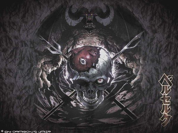 Anime picture 1024x768 with berserk zodd horn (horns) demon wings demon eyes wings skull