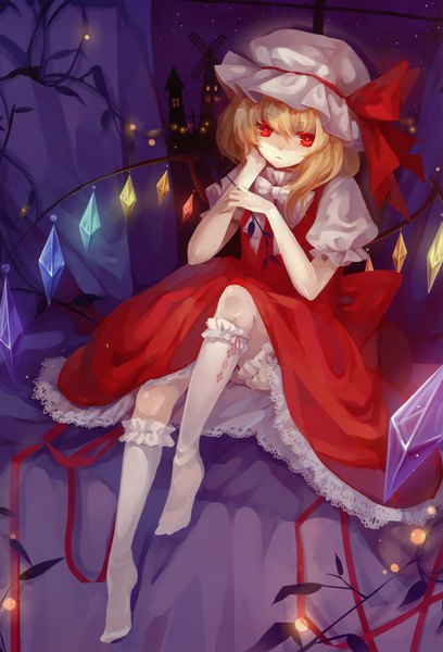 Anime picture 2076x3051 with touhou flandre scarlet dhiea single tall image highres short hair blonde hair red eyes girl dress ribbon (ribbons) socks white socks bonnet
