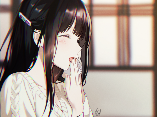 Anime picture 1100x816 with hyouka kyoto animation chitanda eru mery (yangmalgage) single long hair blush fringe breasts open mouth black hair holding cleavage blunt bangs eyes closed profile blurry depth of field ^ ^ anaglyph