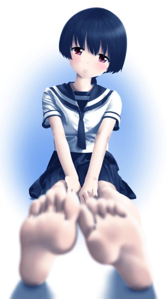 Anime picture 550x986 with original tora tsugumi single tall image looking at viewer blush fringe short hair black hair simple background smile hair between eyes red eyes sitting full body head tilt pleated skirt blurry bare legs short sleeves