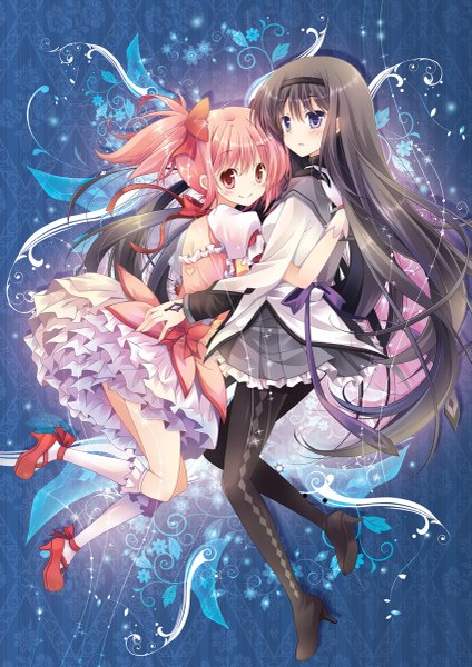 Anime picture 849x1200 with mahou shoujo madoka magica shaft (studio) akemi homura kaname madoka mocha (naturefour) long hair tall image looking at viewer black hair smile purple eyes twintails multiple girls looking away pink eyes high heels hug short twintails frilly skirt magical girl