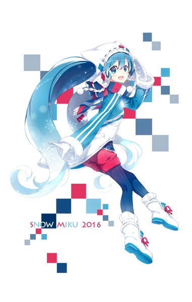 イラスト 999x1573 と ボーカロイド 初音ミク 雪ミク 雪ミク2016 lf ソロ 長身像 カメラ目線 赤面 前髪 開いた口 simple background 獣耳 looking back aqua eyes 猫耳 aqua hair character names outstretched arm happy