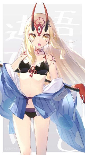 Anime picture 1378x2500 with fate (series) fate/grand order ibaraki douji (fate) ibaraki douji (swimsuit lancer) (fate) haizome senri single long hair tall image looking at viewer open mouth light erotic blonde hair standing yellow eyes payot traditional clothes japanese clothes horn (horns) pointy ears off shoulder
