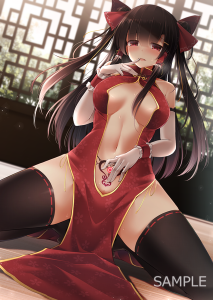 Anime picture 1000x1409 with touhou hakurei reimu toyosaki shu single long hair tall image looking at viewer blush fringe breasts light erotic black hair red eyes twintails bare shoulders traditional clothes tattoo glowing finger to mouth chinese clothes