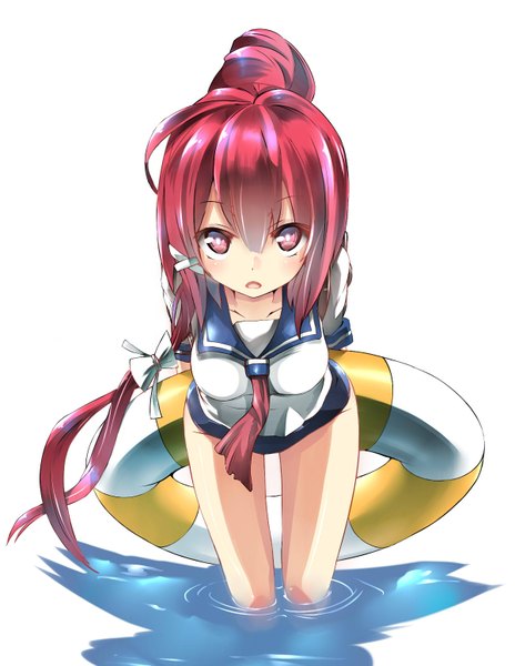 Anime picture 1200x1550 with kantai collection i-168 submarine unomi single tall image looking at viewer blush open mouth simple background red eyes standing white background red hair girl bow hair bow water serafuku swim ring