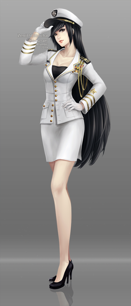 Anime picture 484x1126 with zenithomocha single long hair tall image looking at viewer black hair simple background standing light smile grey background grey eyes high heels reflection girl skirt gloves uniform white gloves buttons military uniform