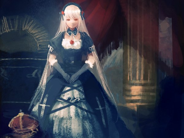 Anime picture 1920x1440 with rozen maiden suigintou xueyinye (elda) single long hair looking at viewer highres red eyes white hair lolita fashion goth-loli girl dress gloves flower (flowers) elbow gloves hairband rose (roses) curtains