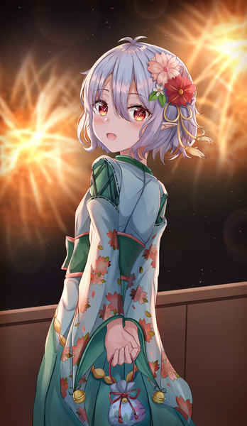 Anime picture 2161x3731 with princess connect! re:dive princess connect! kokkoro (princess connect!) shirokuma (zeroillya) single tall image looking at viewer blush fringe highres short hair open mouth smile hair between eyes red eyes standing holding payot silver hair ahoge