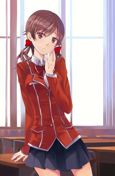 Anime picture 900x1370 with guilty crown production i.g menjou hare hao (patinnko) single long hair tall image looking at viewer brown hair brown eyes girl skirt uniform bow hair bow school uniform desk
