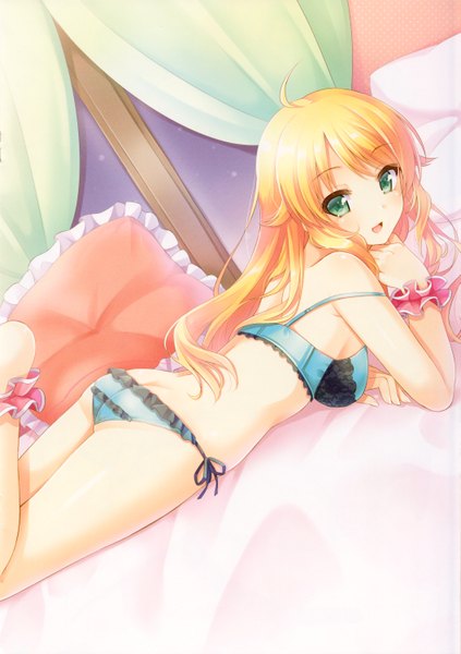 Anime picture 2114x3000 with idolmaster idolmaster (classic) hoshii miki k.y ko single long hair tall image looking at viewer blush highres open mouth light erotic blonde hair smile green eyes ahoge lying :d scan night
