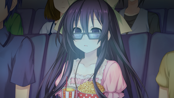 Anime picture 1280x720 with date a live yatogami tooka long hair wide image purple eyes game cg purple hair girl dress bow hair bow glasses popcorn