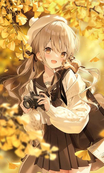 Anime picture 1200x1993 with original weri single long hair tall image looking at viewer blush open mouth blonde hair twintails brown eyes outdoors :d pleated skirt depth of field low twintails autumn girl skirt uniform