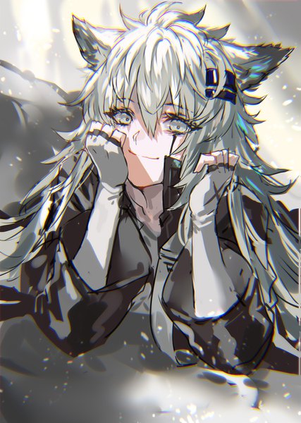 Anime picture 855x1200 with arknights lappland (arknights) ranou single long hair tall image looking at viewer fringe smile hair between eyes animal ears payot silver hair lying light scar on stomach silver eyes anaglyph wolf ears