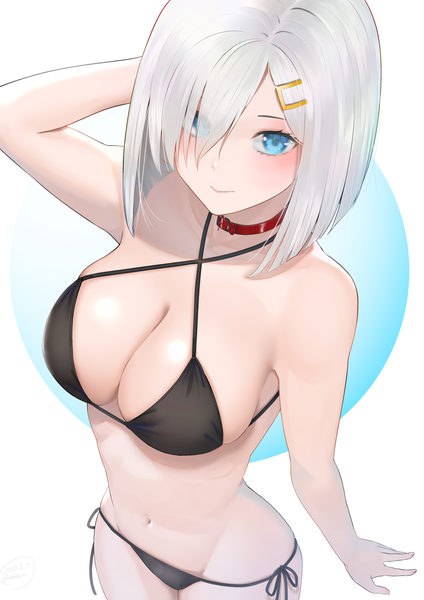 Anime picture 2894x4093 with kantai collection hamakaze destroyer rushian single tall image looking at viewer blush fringe highres short hair breasts blue eyes light erotic large breasts white background silver hair from above hair over one eye girl swimsuit