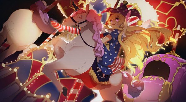 Anime picture 1000x551 with touhou clownpiece no-kan single long hair looking at viewer blonde hair smile wide image pink eyes from below polka dot star print girl hat wings star (symbol) carousel