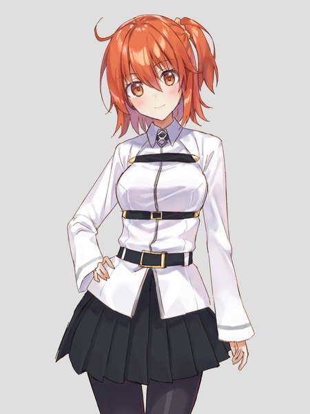 Anime picture 700x933 with fate (series) fate/grand order fujimaru ritsuka (female) rimo single tall image looking at viewer blush fringe short hair breasts simple background standing ahoge head tilt pleated skirt orange hair grey background orange eyes hand on hip