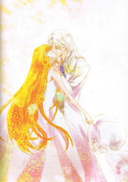 Anime picture 1280x1814 with bishoujo senshi sailor moon toei animation aino minako kunzite (sailor moon) long hair tall image blonde hair standing holding white hair eyes closed profile grey hair from behind scan couple hug kiss hand on face wedding