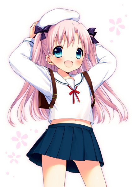 Anime picture 800x1130 with original usashiro mani single long hair tall image looking at viewer blush open mouth blue eyes simple background white background pink hair loli arms behind head girl bow hair bow serafuku beret backpack