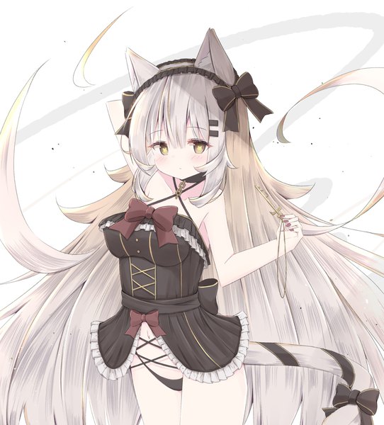 Anime picture 1175x1301 with original risu (ritharte) single tall image looking at viewer blush fringe breasts light erotic hair between eyes large breasts standing holding animal ears yellow eyes payot silver hair tail blunt bangs very long hair