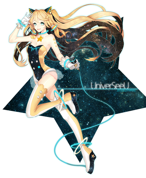 Anime picture 1000x1217 with vocaloid seeu namu (artist) single long hair tall image looking at viewer blue eyes blonde hair smile animal ears transparent background girl thighhighs dress gloves hair ornament star (symbol) star (stars) microphone