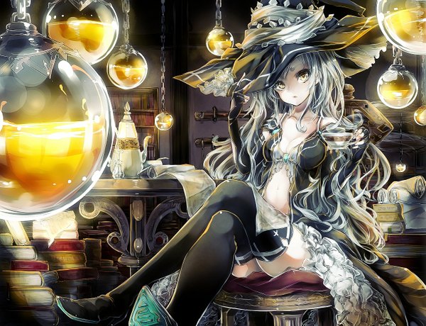 Anime picture 1303x1000 with original yokiri single long hair light erotic sitting yellow eyes silver hair open clothes zettai ryouiki crossed legs witch girl thighhighs gloves black thighhighs black gloves frills lingerie bra