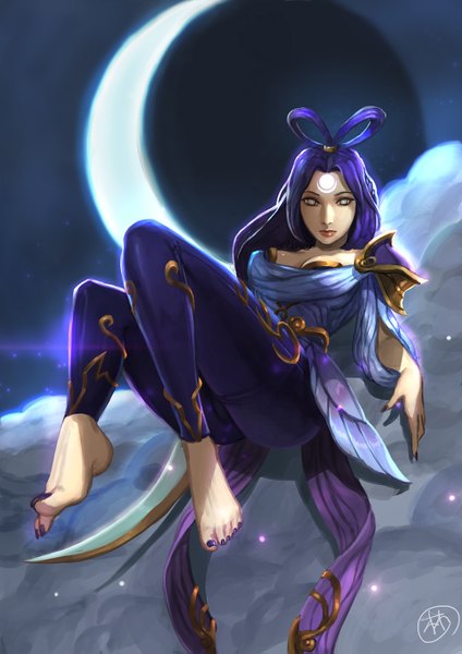 Anime picture 1000x1415 with league of legends diana (league of legends) supullim single long hair tall image looking at viewer purple hair bent knee (knees) nail polish fingernails lips grey eyes facial mark crescent girl moon clothes