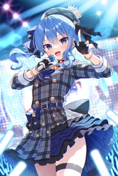 Anime picture 700x1040 with virtual youtuber hololive hoshimachi suisei hoshimachi suisei (1st costume) mauve single long hair tall image looking at viewer fringe open mouth blue eyes hair between eyes blue hair nail polish :d from below side ponytail plaid blue nail polish