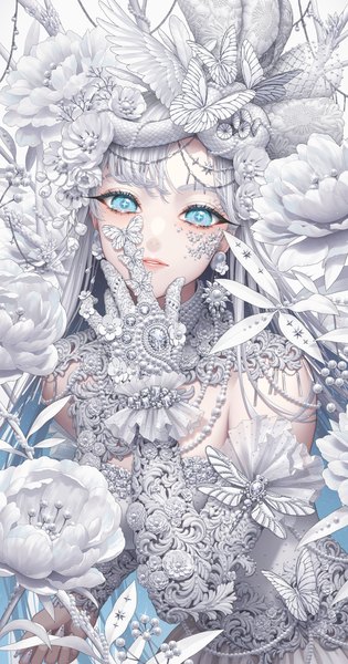 Anime picture 3199x6097 with original minami (minami373916) single long hair tall image looking at viewer fringe highres blue eyes absurdres white hair nail polish parted lips hair flower fingernails teeth sparkle symbol-shaped pupils + + girl