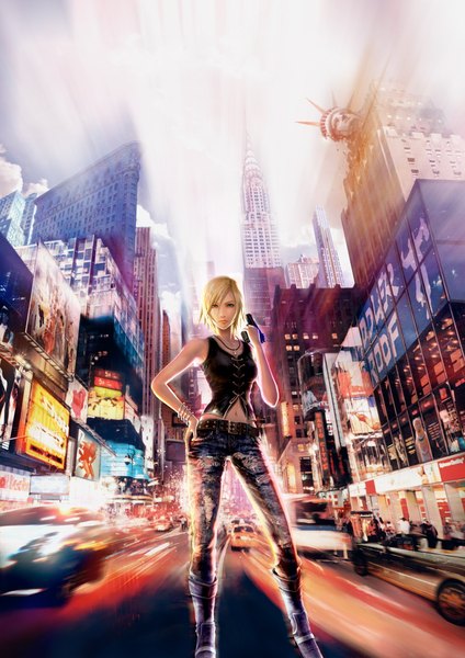 Anime picture 1500x2122 with parasite eve (game) aya brea tall image short hair blue eyes blonde hair bare shoulders blurry midriff hand on hip torn clothes city city lights girl navel weapon boots bracelet gun jewelry