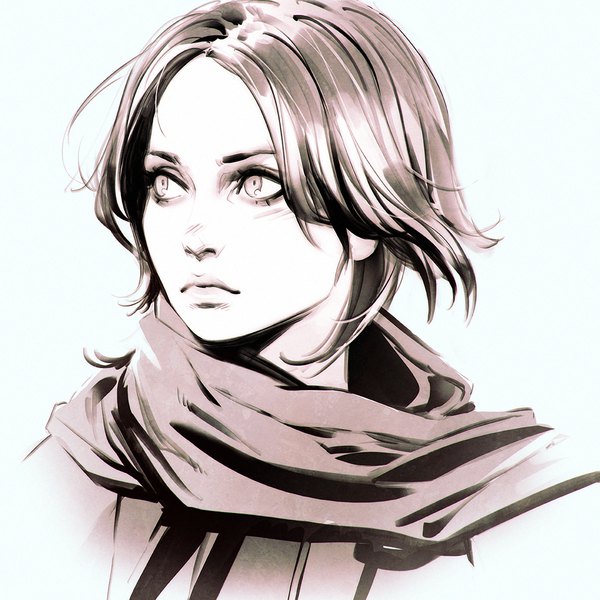 Anime picture 1080x1080 with star wars rogue one: a star wars story jyn erso ilya kuvshinov single short hair simple background brown hair brown eyes looking away upper body monochrome portrait blue background eyeshadow makeup girl scarf