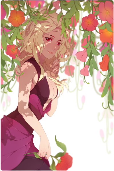 Anime picture 1024x1536 with original samascqua single long hair tall image looking at viewer breasts light erotic blonde hair red eyes holding sleeveless girl dress flower (flowers) pink dress campsis