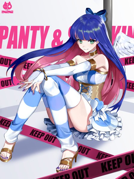 Anime picture 2224x2978 with panty & stocking with garterbelt anarchy stocking chap yun single long hair tall image fringe highres smile sitting bare shoulders green eyes blue hair blunt bangs nail polish multicolored hair high heels copyright name colored inner hair purple nail polish
