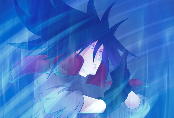 Anime picture 2000x1363 with naruto studio pierrot naruto (series) uchiha madara shiroshikun666 anna kreuz single long hair fringe highres black hair hair between eyes looking away upper body blue background third-party edit fighting stance rinnegan boy gloves