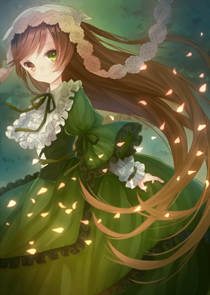 Anime picture 714x1000 with rozen maiden suiseiseki aquariumtama single long hair tall image blush smile brown hair heterochromia girl petals frills bonnet