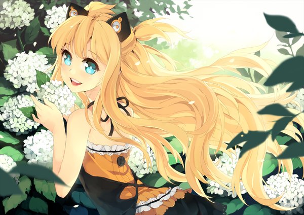 Anime picture 1754x1240 with vocaloid seeu btoor single long hair looking at viewer fringe highres open mouth blue eyes blonde hair bare shoulders animal ears happy girl dress flower (flowers) plant (plants) petals