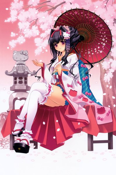 Anime picture 4102x6200 with hello kitty sanrio miyabi sakuya carnelian long hair tall image highres black hair red eyes absurdres japanese clothes hair flower scan cherry blossoms girl thighhighs hair ornament petals white thighhighs kimono