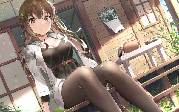 Anime picture 1248x780 with original wet.elephant single long hair looking at viewer blush fringe breasts smile brown hair sitting brown eyes bent knee (knees) outdoors open jacket dutch angle girl plant (plants) pantyhose jacket